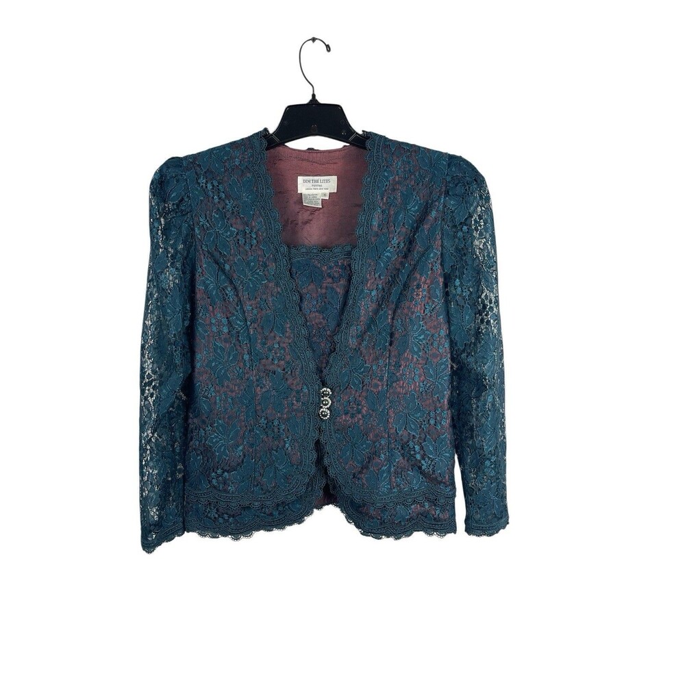 80s VTG Dim The Lights Petites Teal Lace Victorian Edwardian Long Sleeve Top 10